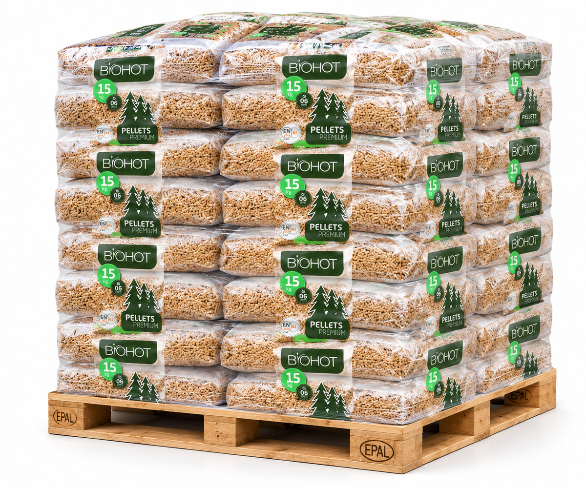 Biohot Pellets — Palete de Granulados de Madeira (77 sacos)